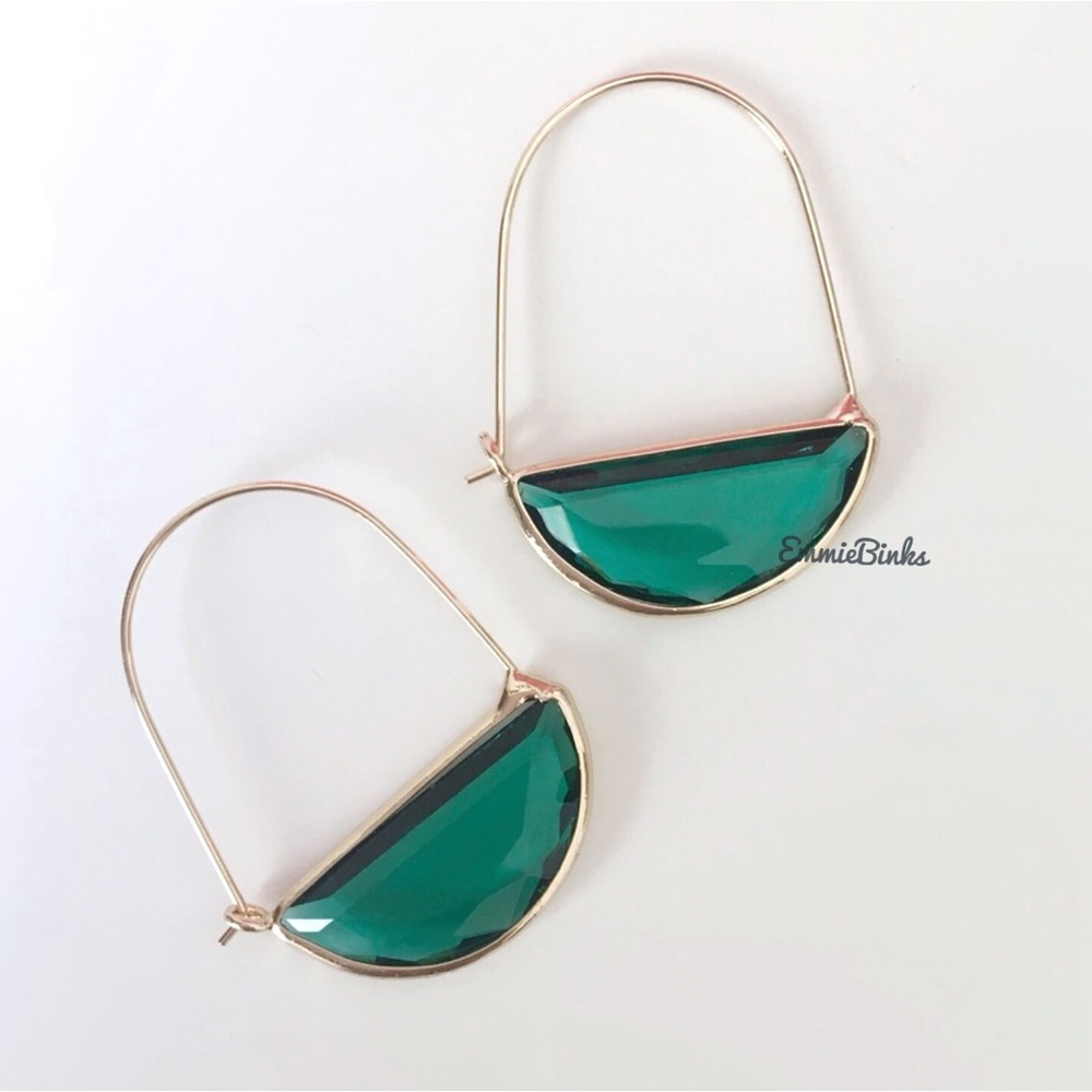 New Anthro Green Faceted Crescent Earrings ~ Glass Closed Hoops - Crescent Hoop